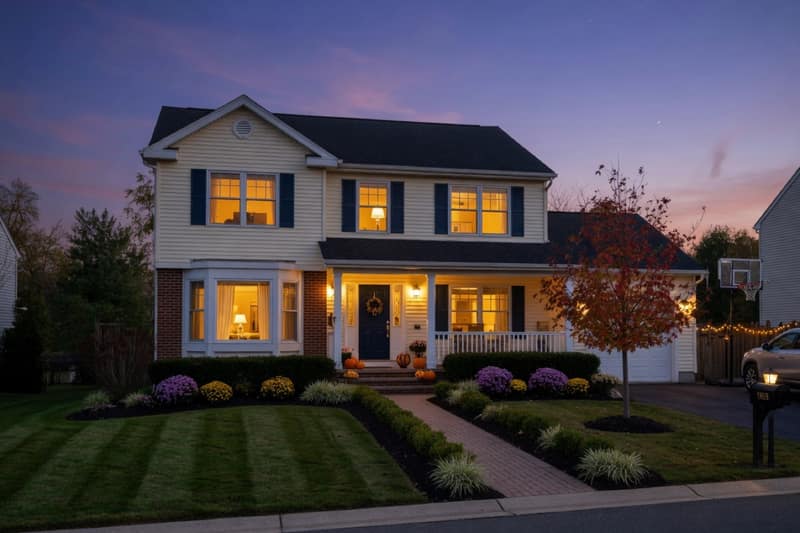 Same exterior after blue-hour twilight finish